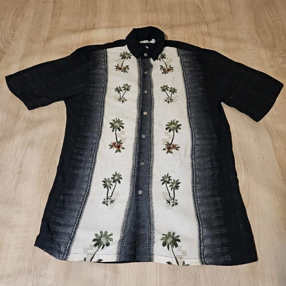 Batik Bay Mens Hawaiian Shirt Black Sz Small Palm Trees Button Front 100% Rayon